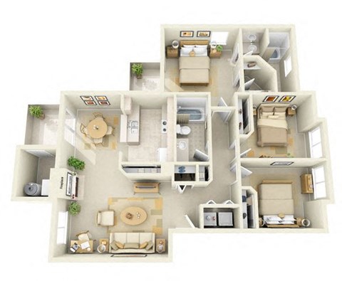 Floor plan for 3 beds, 2 baths, 1277 sqft